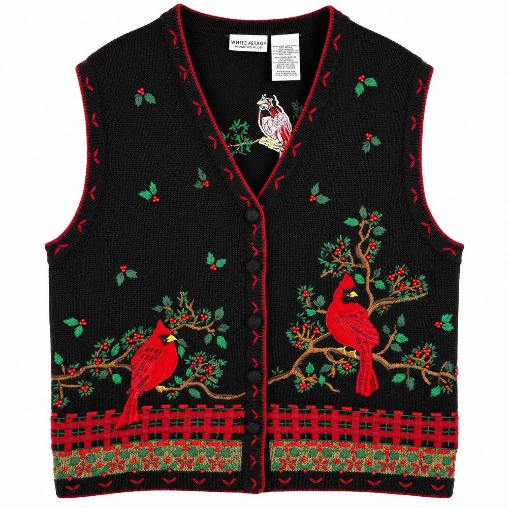 Vintage White Stag Womens 18W 20W Christmas Cardinal Sweater Vest Embroidered